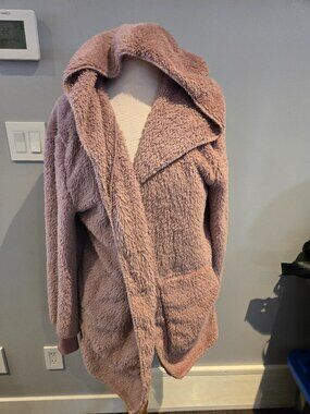 Zilcremo Women’s Hooded Open Front Sherpa Cardigan | Size Large | Mauve